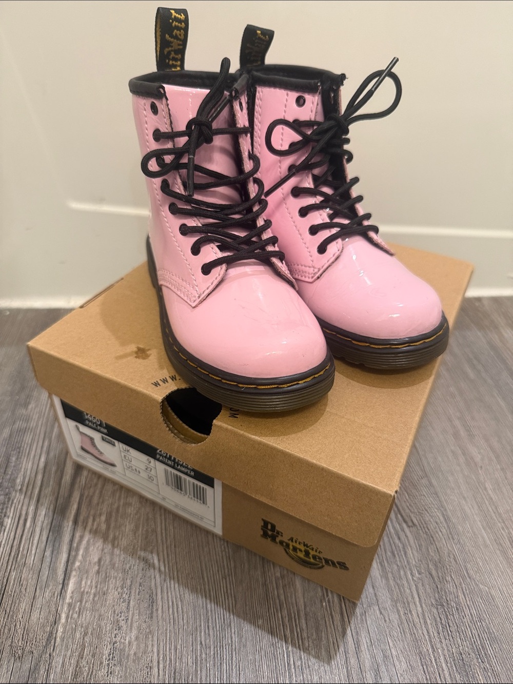 Dr. Martens patent leather pale pink lace up boot